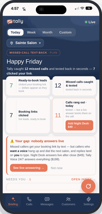 Illustration of the Tally app on a phone, showing missed calls caught and texted and how many callers tapped the booking link.